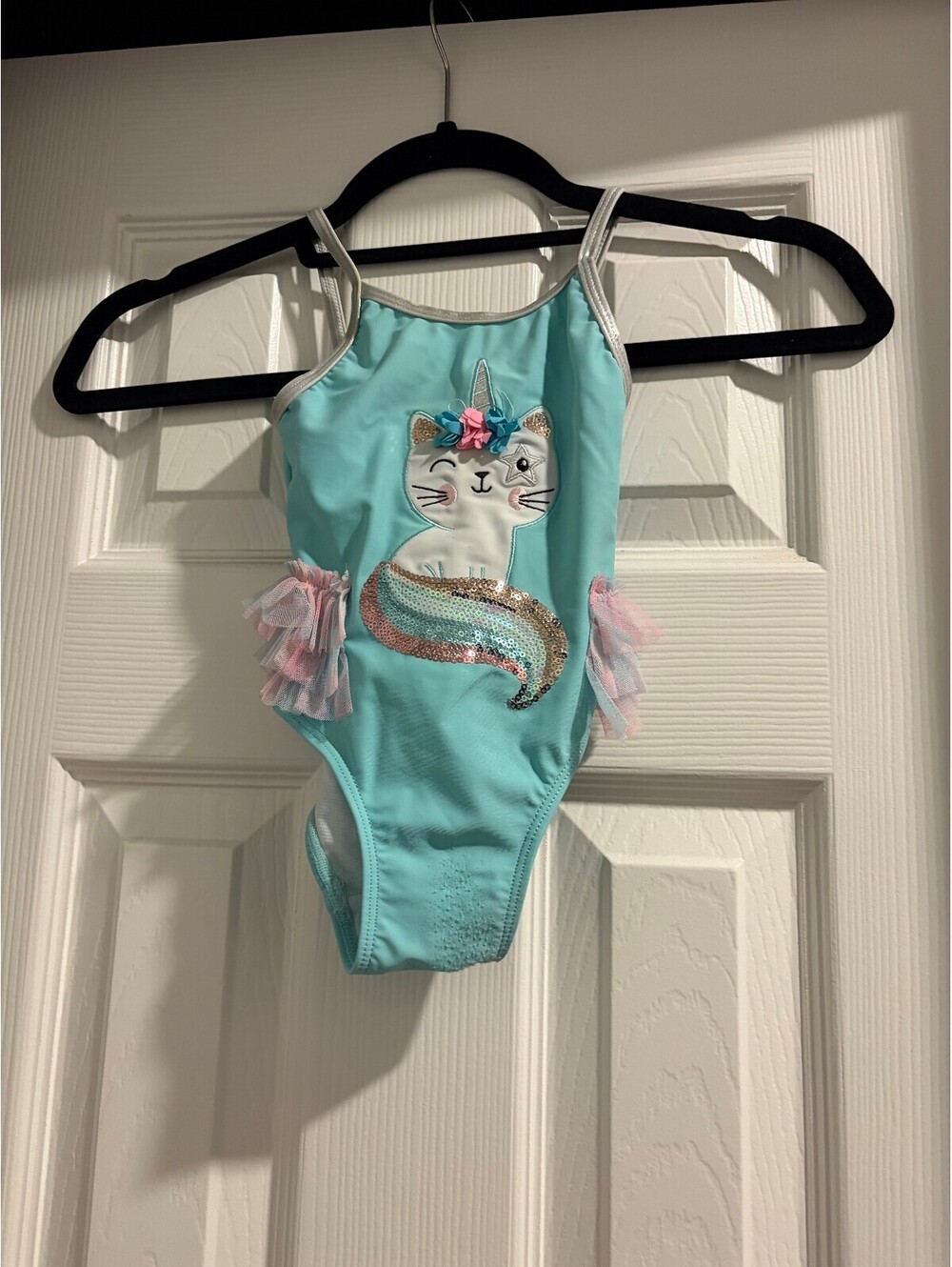 Flapdoodles Toddler 2T Aqua Blue Cat One-Piece Swimsuit with Pink Ruffles